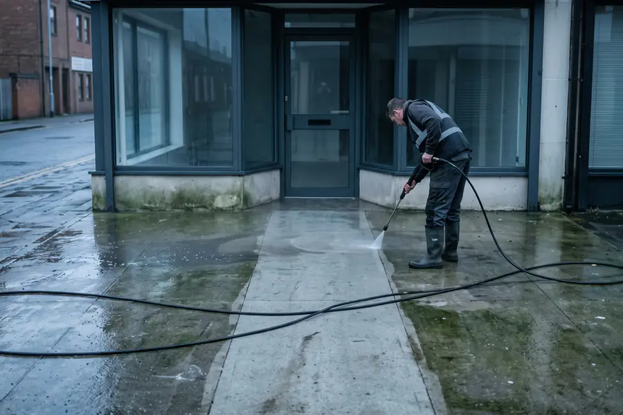A storefront entrance and sidewalk being washed before opening hours