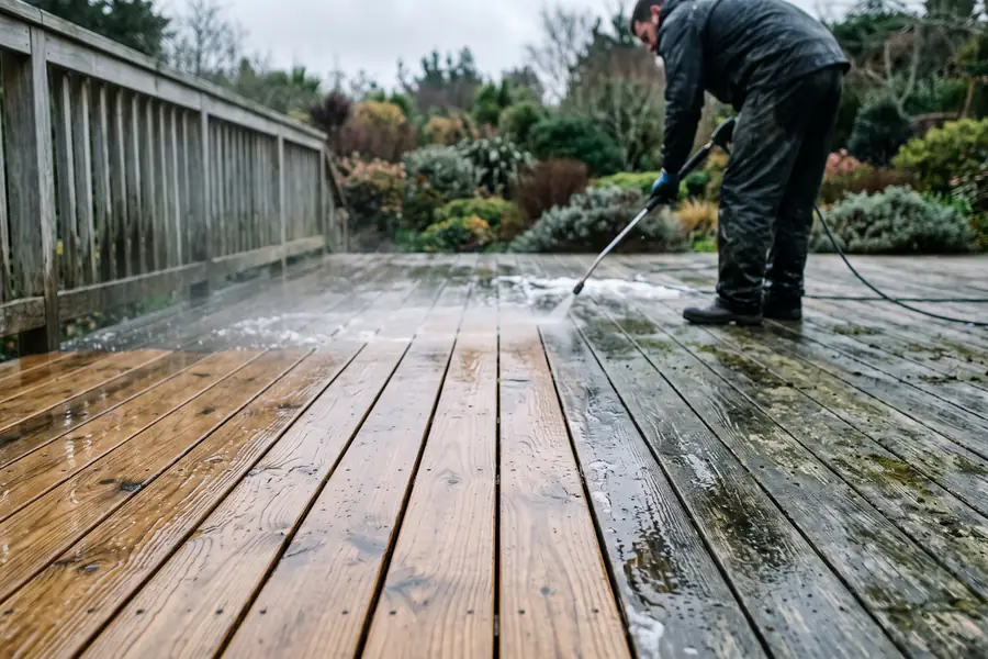 A wooden deck being washed, grain intact, half cleaned and half weathered grey