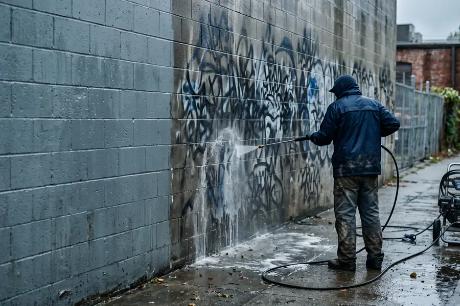 Spray-paint tagging being removed from a painted block wall